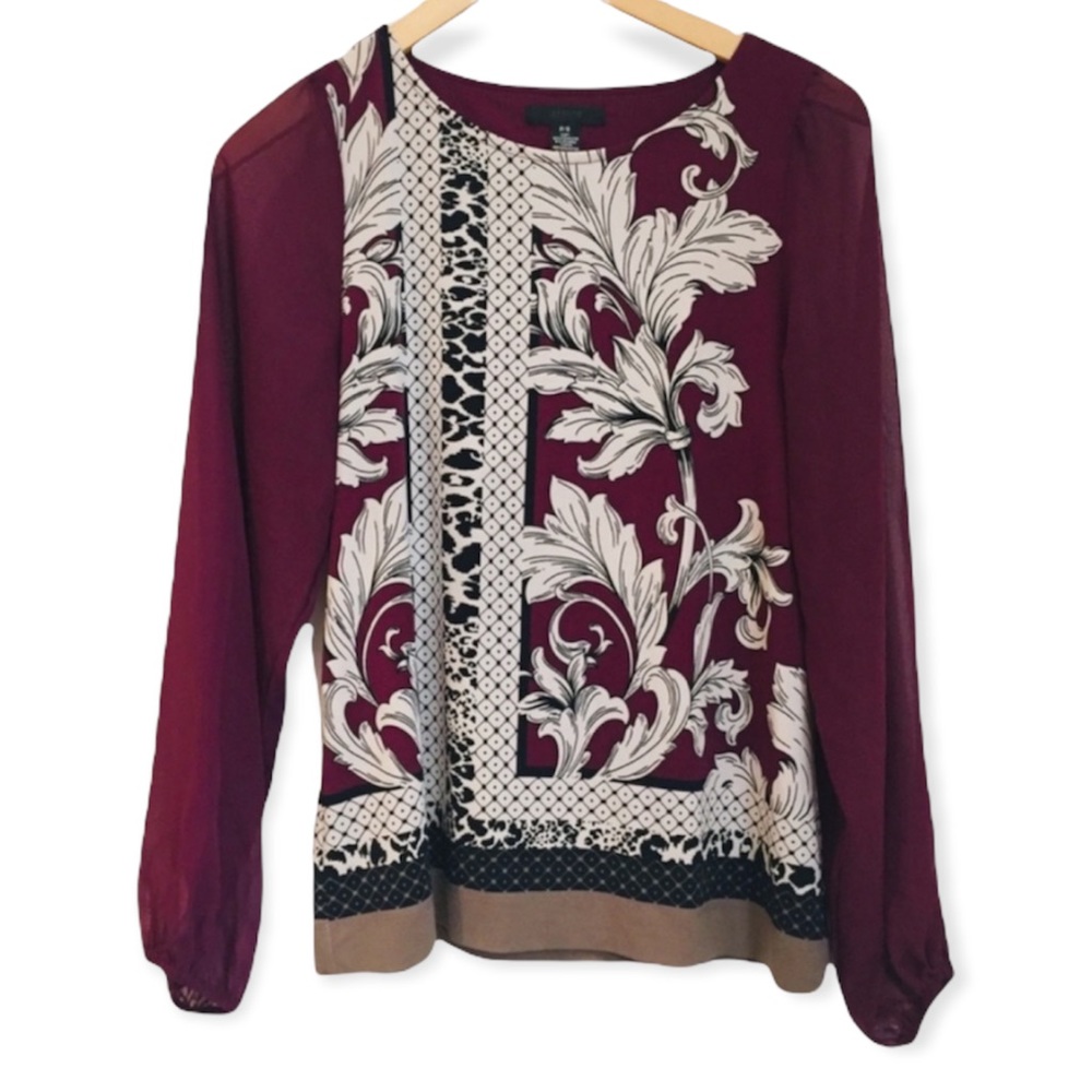 ALFANI Burgundy Poet Sleeve Sheer Floral Blouse Top Petite Business Casual